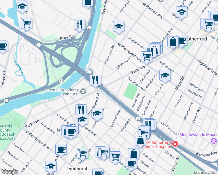 map of restaurants, bars, coffee shops, grocery stores, and more near 401 Park Avenue in Rutherford