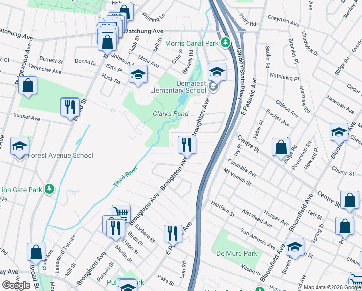 map of restaurants, bars, coffee shops, grocery stores, and more near 90 Dewey Street in Bloomfield