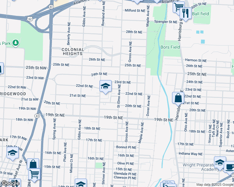 map of restaurants, bars, coffee shops, grocery stores, and more near 2109 Saint Elmo Avenue Northeast in Canton