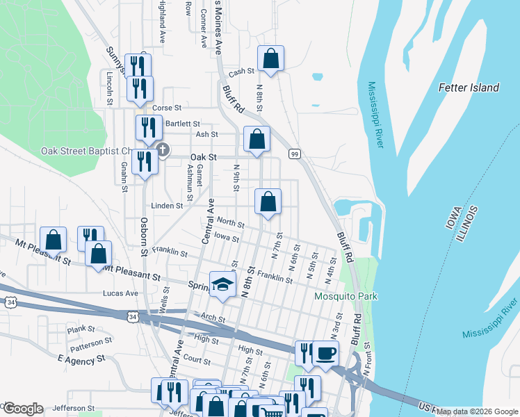 map of restaurants, bars, coffee shops, grocery stores, and more near 1219 North 8th Street in Burlington