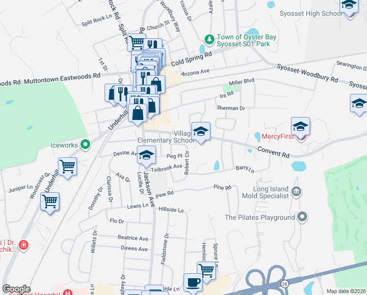 map of restaurants, bars, coffee shops, grocery stores, and more near 41 Robert Circle in Syosset
