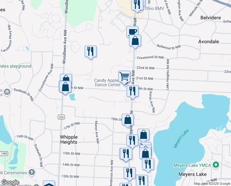 map of restaurants, bars, coffee shops, grocery stores, and more near 4500 20th Street Northwest in Canton