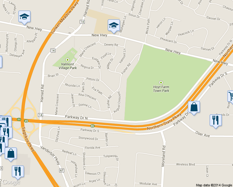 map of restaurants, bars, coffee shops, grocery stores, and more near 49 Fisher Road in Commack