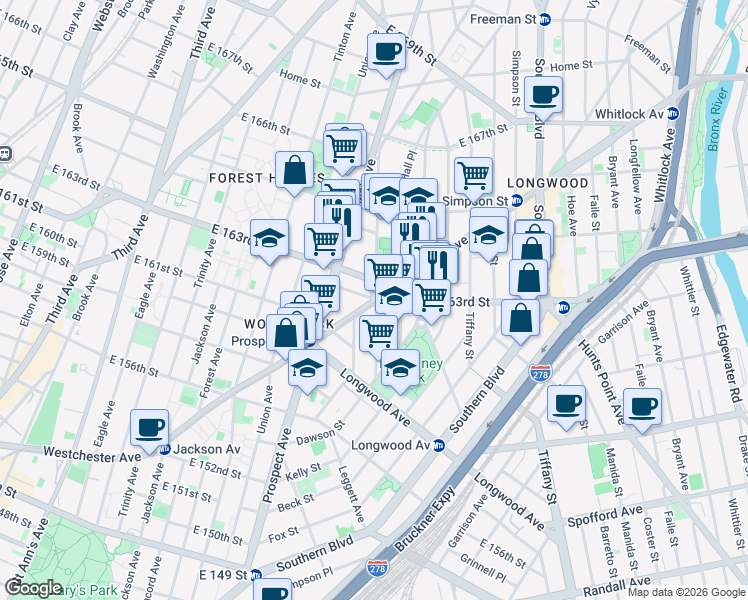 map of restaurants, bars, coffee shops, grocery stores, and more near E 163rd St & Westchester Ave in Bronx