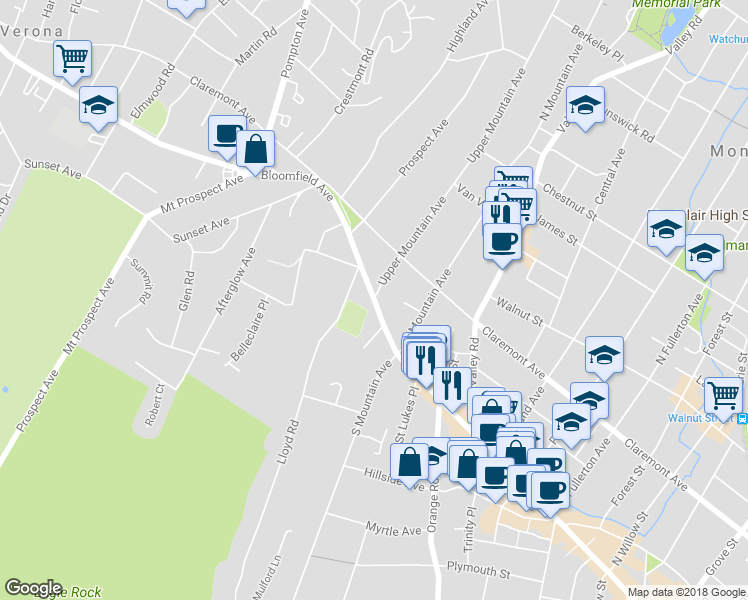 map of restaurants, bars, coffee shops, grocery stores, and more near Bloomfield Avenue & Upper Mountain Avenue in Montclair