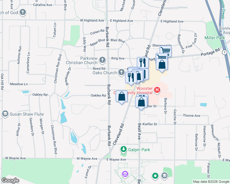map of restaurants, bars, coffee shops, grocery stores, and more near 217 Kurtz Street in Wooster
