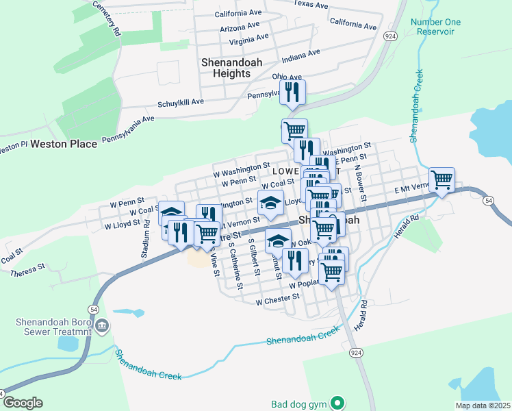 map of restaurants, bars, coffee shops, grocery stores, and more near 331 West Lloyd Street in Shenandoah