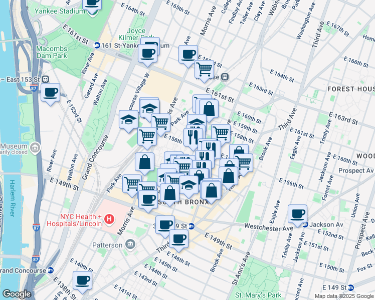 map of restaurants, bars, coffee shops, grocery stores, and more near 346 East 156th Street in Bronx