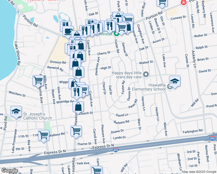 map of restaurants, bars, coffee shops, grocery stores, and more near 11 Gail Drive in Lake Ronkonkoma