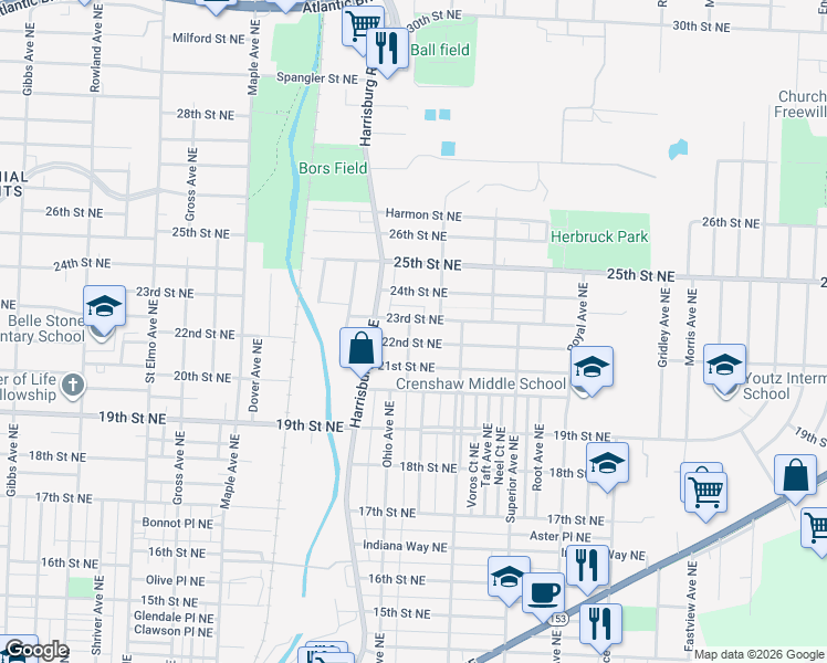 map of restaurants, bars, coffee shops, grocery stores, and more near 2208 Roosevelt Avenue Northeast in Canton