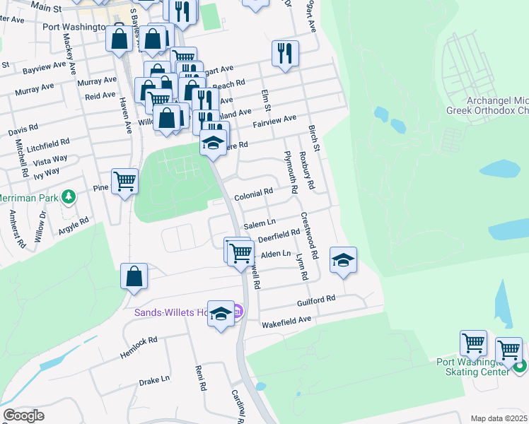 map of restaurants, bars, coffee shops, grocery stores, and more near 3 Colby Road in Port Washington