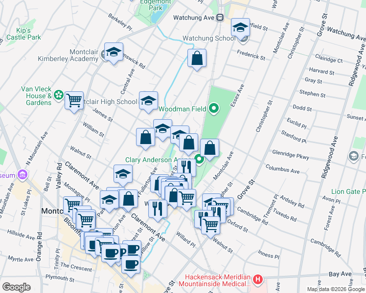 map of restaurants, bars, coffee shops, grocery stores, and more near 73 Chestnut Street in Montclair