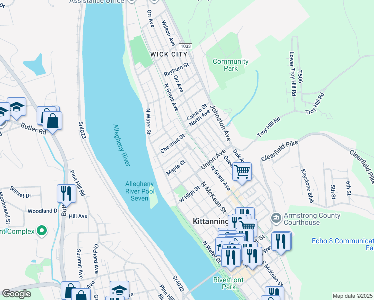 map of restaurants, bars, coffee shops, grocery stores, and more near 706 N McKean St in Kittanning