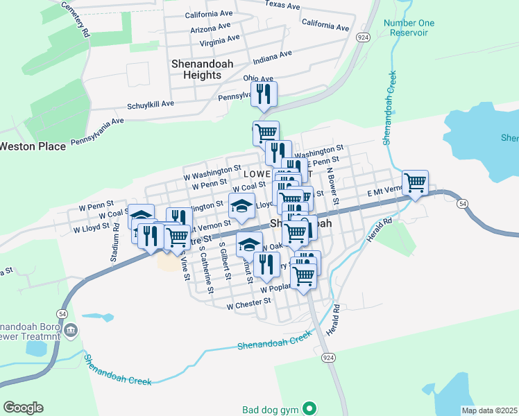 map of restaurants, bars, coffee shops, grocery stores, and more near 114 West Lloyd Street in Shenandoah
