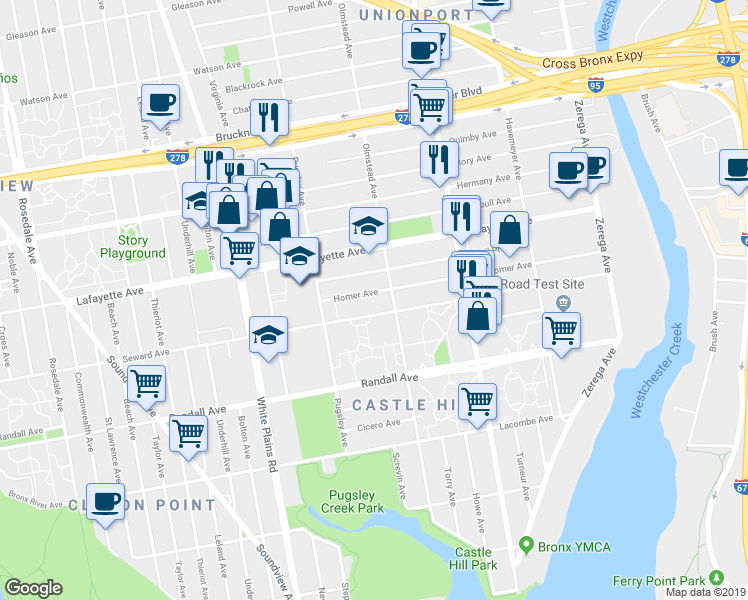 map of restaurants, bars, coffee shops, grocery stores, and more near 2086 Homer Avenue in Bronx