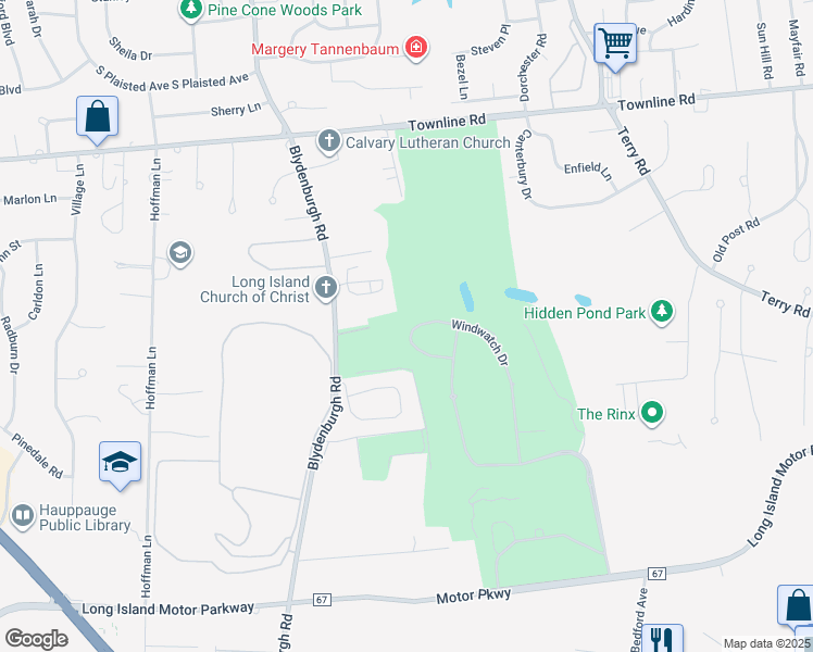 map of restaurants, bars, coffee shops, grocery stores, and more near 65 Windwatch Drive in Hauppauge
