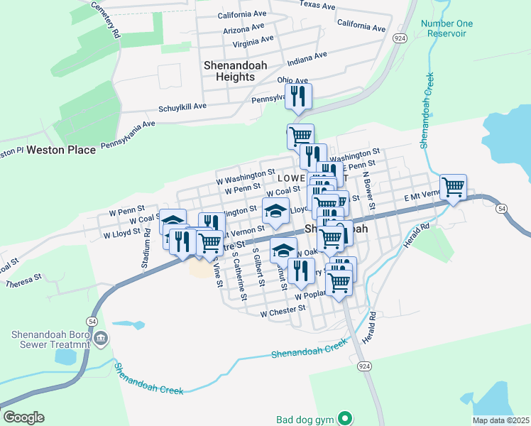 map of restaurants, bars, coffee shops, grocery stores, and more near 305 West Lloyd Street in Shenandoah