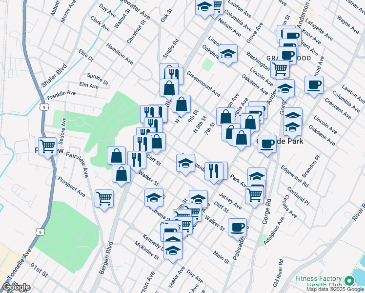 map of restaurants, bars, coffee shops, grocery stores, and more near 452A Park Avenue in Fairview
