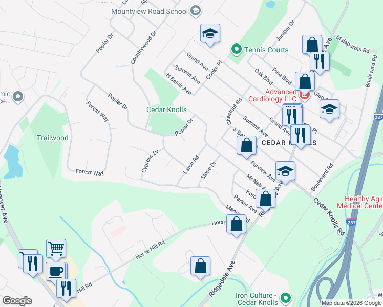 map of restaurants, bars, coffee shops, grocery stores, and more near 13 Larch Road in Hanover