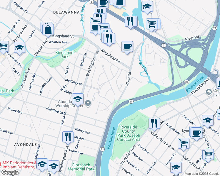 map of restaurants, bars, coffee shops, grocery stores, and more near 122 Stratford Drive in Nutley