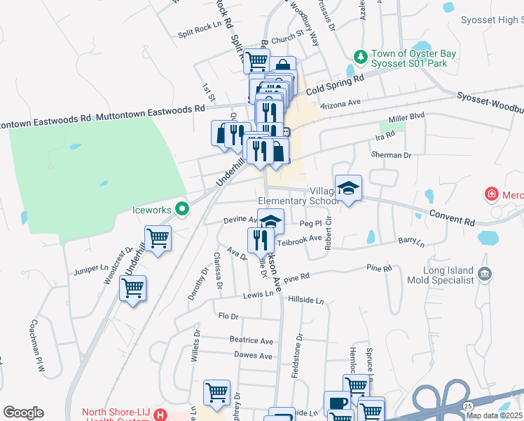 map of restaurants, bars, coffee shops, grocery stores, and more near 14 Devine Avenue in Syosset