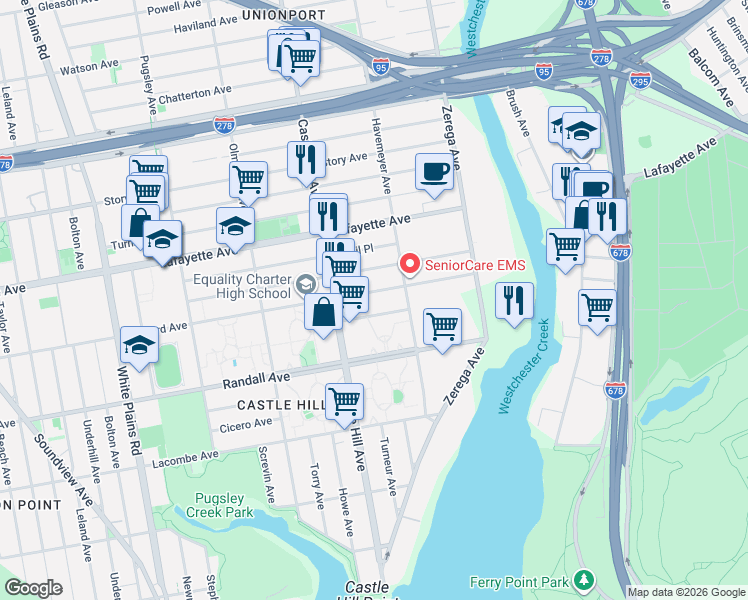 map of restaurants, bars, coffee shops, grocery stores, and more near 2244 Seward Avenue in Bronx