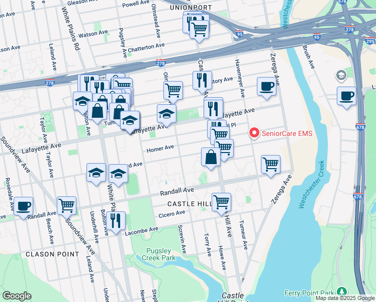 map of restaurants, bars, coffee shops, grocery stores, and more near in The Bronx