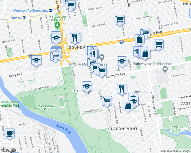 map of restaurants, bars, coffee shops, grocery stores, and more near 805A Noble Avenue in Bronx