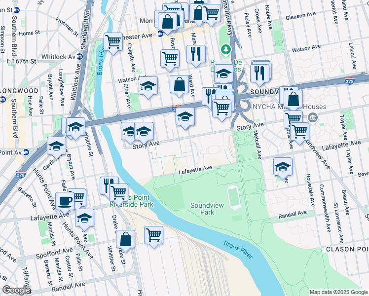 map of restaurants, bars, coffee shops, grocery stores, and more near 875 Boynton Avenue in Bronx