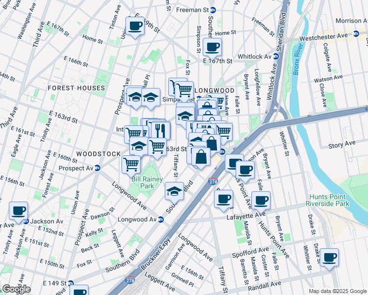 map of restaurants, bars, coffee shops, grocery stores, and more near 973 East 163rd Street in Bronx