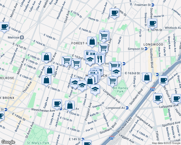 map of restaurants, bars, coffee shops, grocery stores, and more near 922 Union Avenue in Bronx
