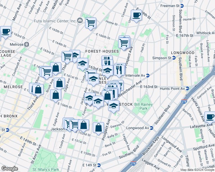 map of restaurants, bars, coffee shops, grocery stores, and more near 792 East 161 Street in The Bronx