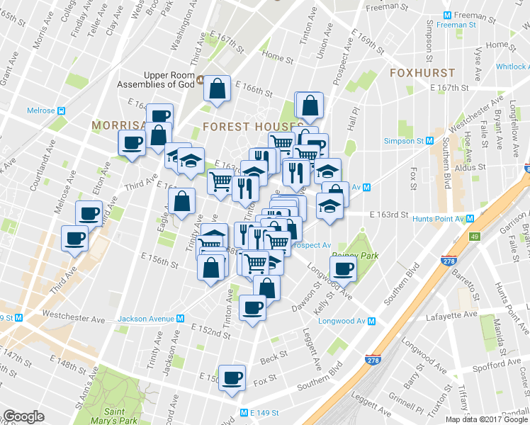 map of restaurants, bars, coffee shops, grocery stores, and more near in The Bronx