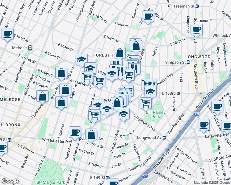 map of restaurants, bars, coffee shops, grocery stores, and more near in The Bronx