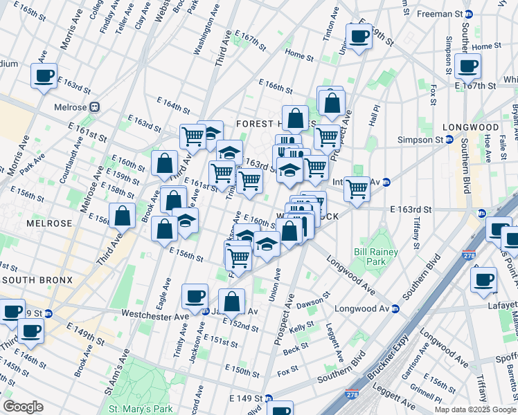 map of restaurants, bars, coffee shops, grocery stores, and more near 861 Forest Avenue in Bronx