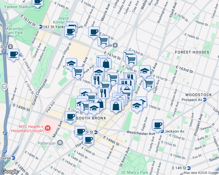 map of restaurants, bars, coffee shops, grocery stores, and more near 760 Melrose Avenue in The Bronx
