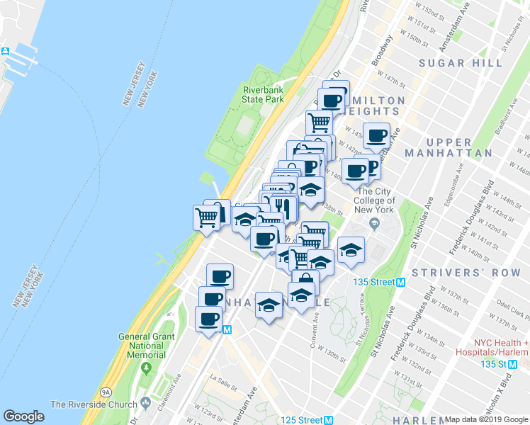map of restaurants, bars, coffee shops, grocery stores, and more near 622 West 136th Street in New York