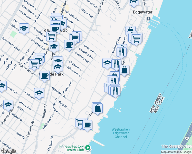map of restaurants, bars, coffee shops, grocery stores, and more near 208 Undercliff Avenue in Edgewater