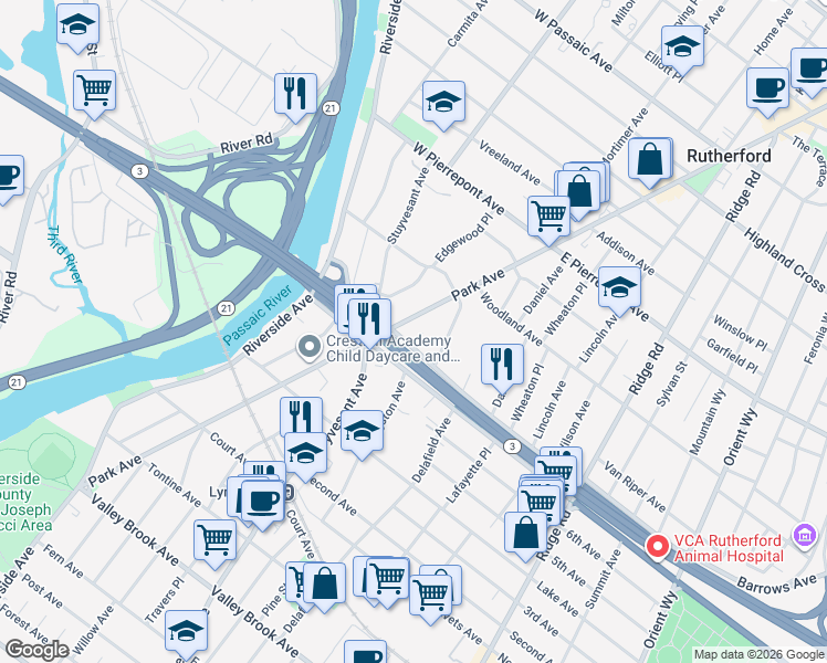 map of restaurants, bars, coffee shops, grocery stores, and more near 401 Park Avenue in Rutherford