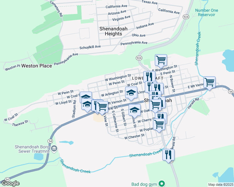 map of restaurants, bars, coffee shops, grocery stores, and more near 407 West Lloyd Street in Shenandoah