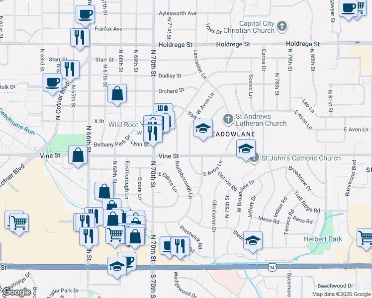 map of restaurants, bars, coffee shops, grocery stores, and more near 810 Northborough Lane in Lincoln