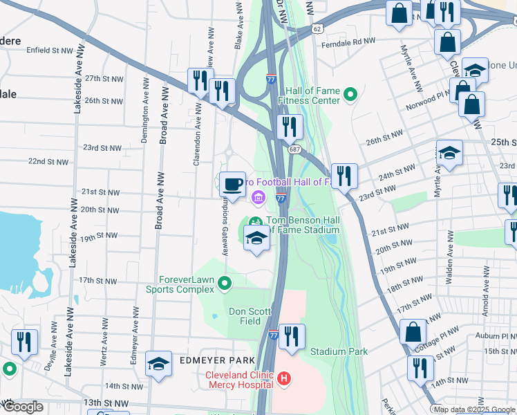 map of restaurants, bars, coffee shops, grocery stores, and more near 2121 George Halas Drive Northwest in Canton