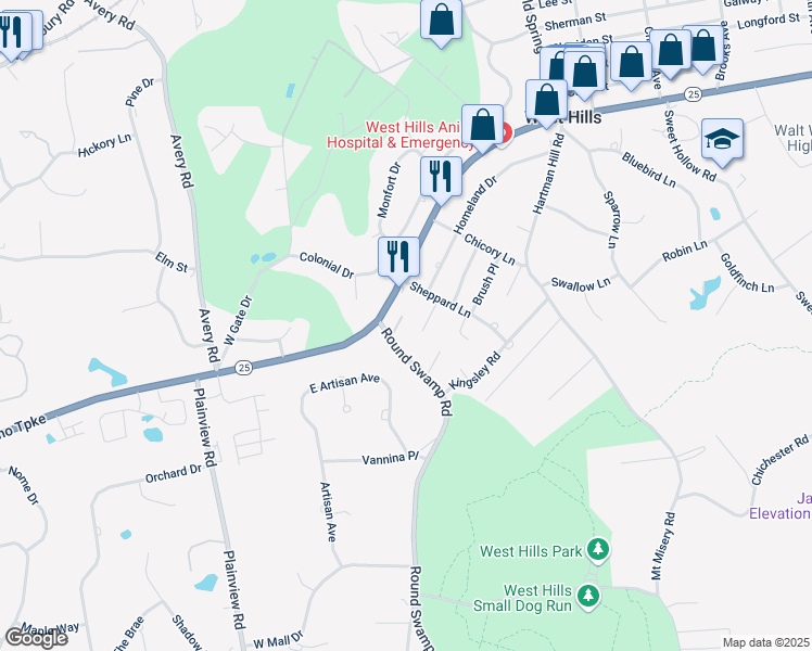 map of restaurants, bars, coffee shops, grocery stores, and more near 6 Round Swamp Road in Huntington
