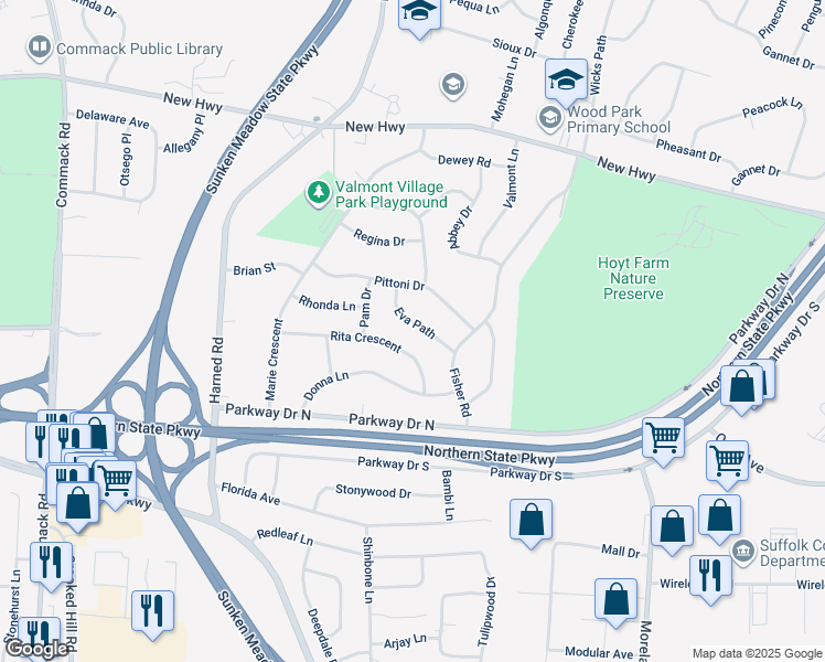 map of restaurants, bars, coffee shops, grocery stores, and more near 16 Eva Path in Commack