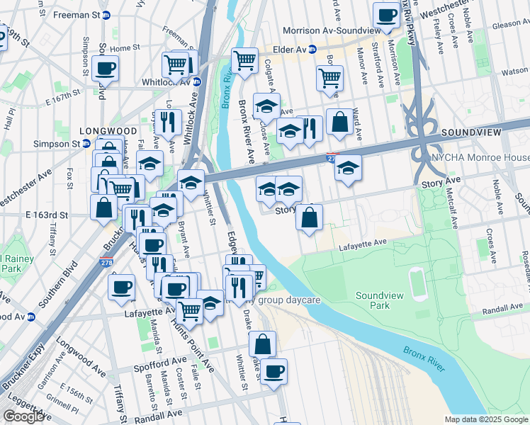 map of restaurants, bars, coffee shops, grocery stores, and more near 757 Story Avenue in The Bronx