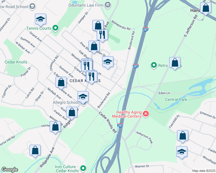 map of restaurants, bars, coffee shops, grocery stores, and more near 24 Elm Place in Hanover