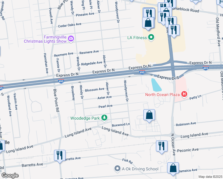 map of restaurants, bars, coffee shops, grocery stores, and more near 40 Blossom Avenue in Holtsville