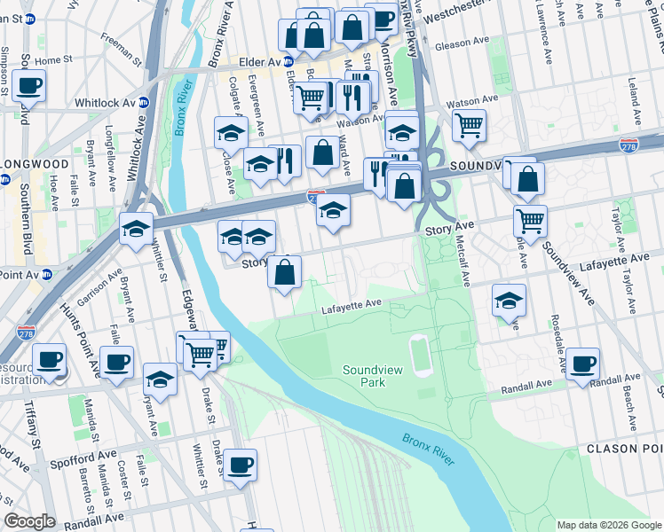 map of restaurants, bars, coffee shops, grocery stores, and more near 875 Boynton Avenue in Bronx