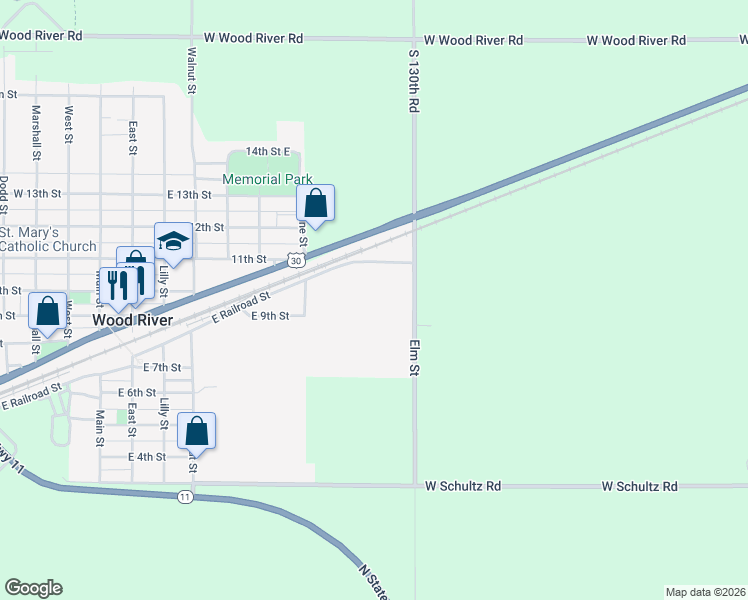map of restaurants, bars, coffee shops, grocery stores, and more near East Railroad Street in Wood River