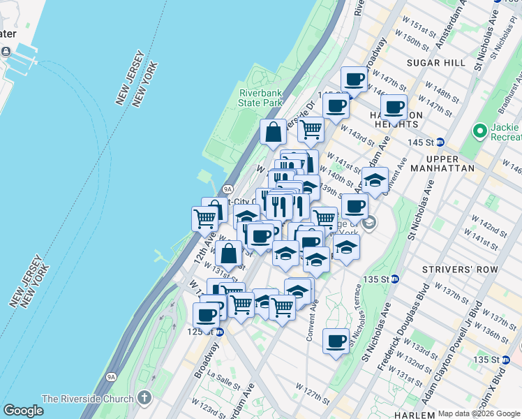 map of restaurants, bars, coffee shops, grocery stores, and more near 622 West 136th Street in New York